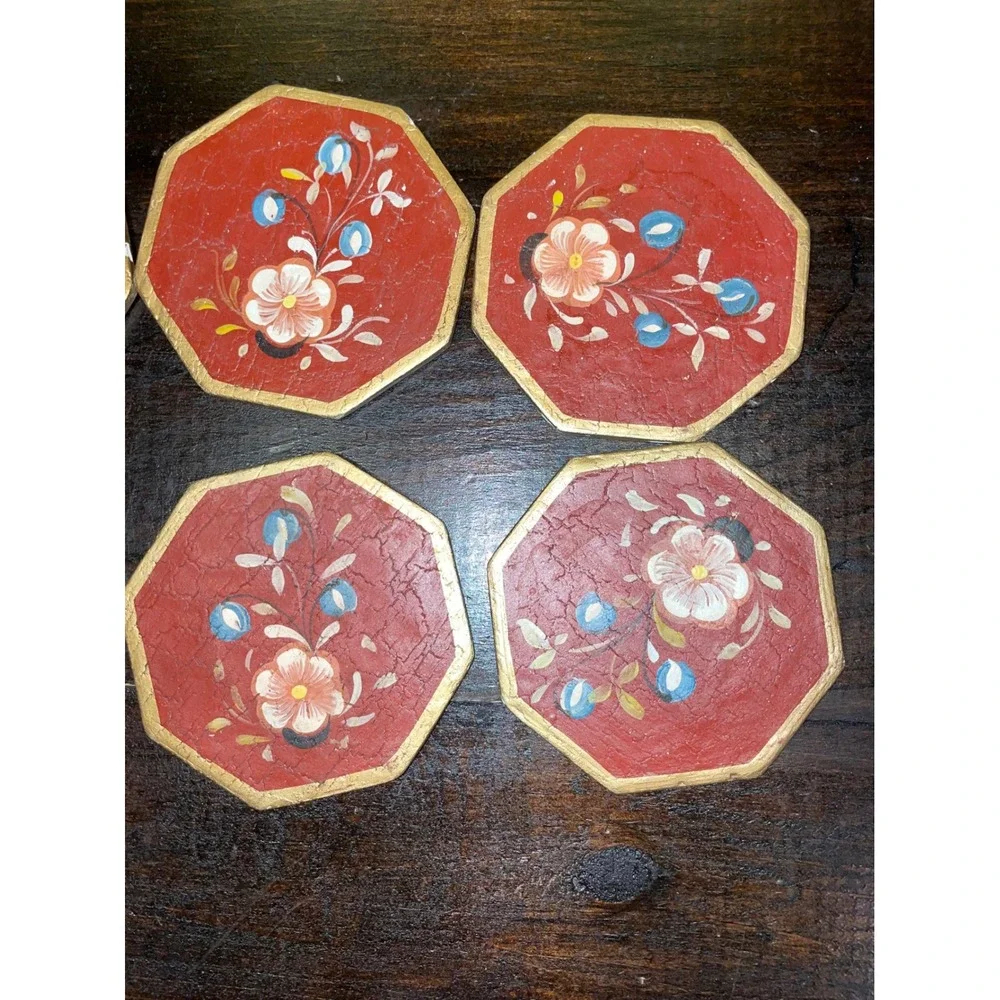 Set of‎ 6 Vintage Octagon Coasters Floral Hand wood Painted Red & Gold Decor
